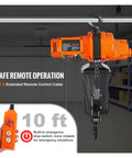 Heavy Duty 2200 Lbs Electric Chain Hoist Single Phase Overhead Lifting Crane With 10 Ft Wired Remote Auto Brake showing remote control and hoist.