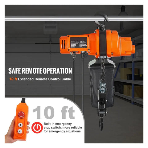 Heavy Duty 2200 Lbs Electric Chain Hoist Single Phase Overhead Lifting Crane With 10 Ft Wired Remote Auto Brake showing remote control and hoist.