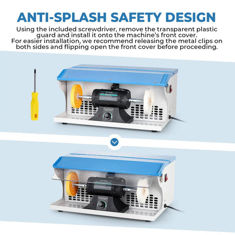 Heavy Duty 800W Jewelry Polishing Machine Features Bulletproof Iron Build And Wide Base For Zero Wiggle Smooth Operation And Rapid Stone Shine Up For Pros And Weekend Warriors with anti-splash safety design.