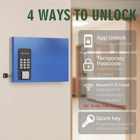 48 Key Lock Box Wall Mount Smart Key Cabinet With Bluetooth And Wi Fi Remote Access And One Time Code shown with unlocking options.