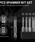 Kickass Four Piece Spanner Bit Set With Two Inch Shank Security Screwdriver Bits In SP3 SP4 SP5 SP6 Sizes Made From Top Shelf S2 Steel displayed on storage base.
