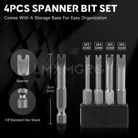 Kickass Four Piece Spanner Bit Set With Two Inch Shank Security Screwdriver Bits In SP3 SP4 SP5 SP6 Sizes Made From Top Shelf S2 Steel displayed on storage base.