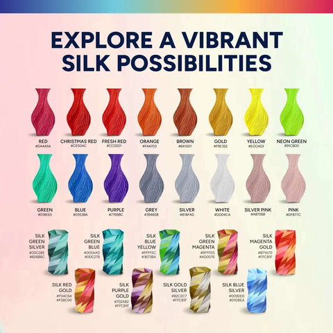 Silk Dual Color PLA Filament in vibrant colors for 3D printing, including gold and silver, for cosplay, jewelry, and home decor.