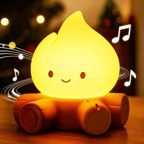 Lit Campfire Night Light Portable Flameless Candle with White Noise cute silicone flame lamp on a wood-like base with music notes