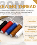 Five colorful spools of sewing thread in black, red, blue, tan, and white, laid on a plaid fabric surface with text descriptions highlighting their features.