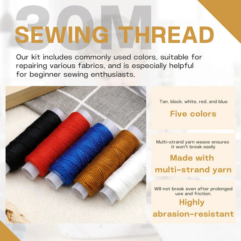Five colorful spools of sewing thread in black, red, blue, tan, and white, laid on a plaid fabric surface with text descriptions highlighting their features.