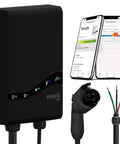 Pro Level 2 EV Charger With PowerSmart 48 Amp Fast Home Charging Hardwire Setup J1772 Connector 240V Electric Vehicle Charging Station 25 Foot Cable For Home Use featuring wall mount, smartphone app interface, charging plug, and wires.