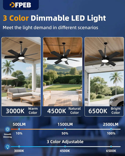28 Inch Plug In Outdoor Ceiling Fan With Lights And Remote, LED Gazebo Hanging Fan With Hook in three color settings: warm, natural, bright
