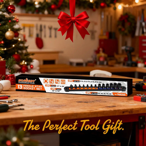 Pro Grade E Torx Socket Set 13 Piece External Kit With 11 Piece Female E Torx Sockets E4 To E20 And 2 Piece Impact Socket Adapters Snap On Rail Storage Laser Etched Size Markings Heavy Duty Chrome Vanadium ANSI Certified displayed in holiday setting