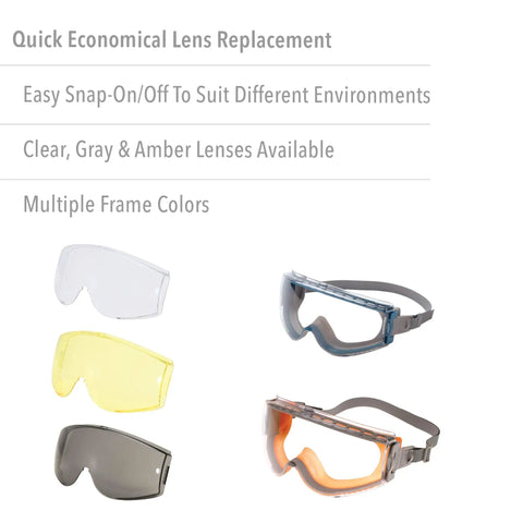 Stealth Safety Goggles With Clear Uvextreme Anti Fog Lens, gray frame options, snap-on lens replacements, various colors