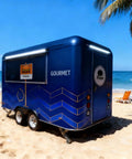 Solid As A Rock Mobile Food Trailer And Rolling Cart Combo Crafted For Coffee Ice Cream Sales Quick Hustle Setup That Grinds Like A Dream On Busy Weekends on a sandy beach.