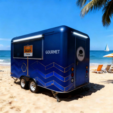 Solid As A Rock Mobile Food Trailer And Rolling Cart Combo Crafted For Coffee Ice Cream Sales Quick Hustle Setup That Grinds Like A Dream On Busy Weekends on a sandy beach.