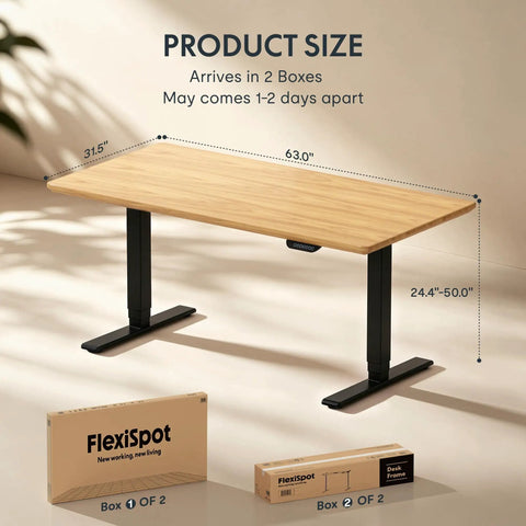 Top Notch Solid White Oak Electric Standing Desk With Dual Motor Height Adjustable System and Built Tough Steel Base dimensions display.