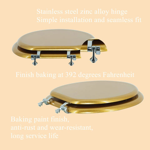 Round Wood Toilet Seat With Zinc Alloy Hinges No Fuss Prevent Shifting Easy Install Standard Round Size Easy To Clean Sparkling Classical Gold Finish Fits Most Round Toilets