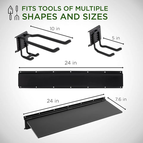 Garage Tool Storage Rack 12 Piece With Wall Shelf And Heavy Duty Hanger System For Power Tools, Mops, Garden Tools, Rakes, Shovels, Bikes And More - Wall Mounted Metal Organizer For A Clutter Free Workshop