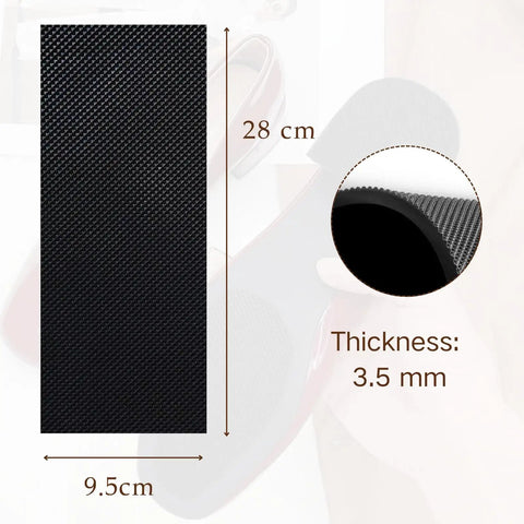 Five Thirty Second Inch Thick Rubber Shoe Soling Sheet For Boots And Shoes With Diamond Pattern Non Slip Bottom For Full Sole Repair Black Budget Friendly Replacement Material For Shoes And Boots showcased with dimensions 9.5 cm by 28 cm and thickness 3.5 mm