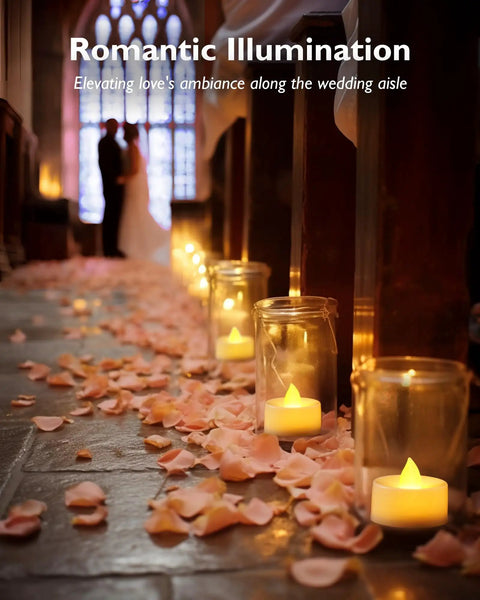 Wedding aisle with 24 Pack Battery Operated Tea Lights With Realistic Flicker And Cozy Warm Glow Flameless Votive Candles on floor