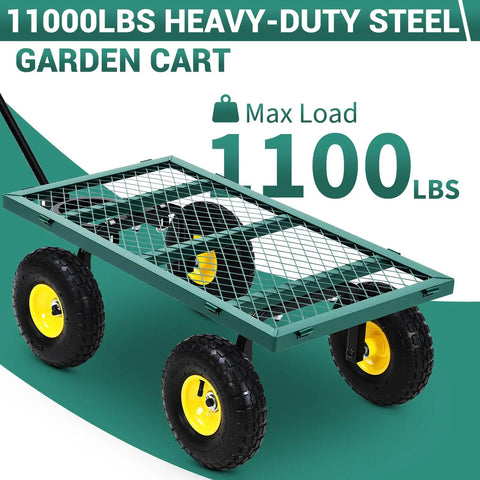 Heavy Duty Steel Garden Cart With 550 Pound Capacity, 10 Inch Wheels, Removable Sides, steel frame on green garden cart