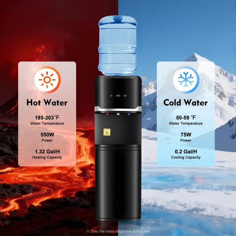 Top Loading Water Cooler With Three Temperature Options Hot Cold Warm For Three Or Five Gallon Bottles Stainless Steel Liner 75W Cooling And 550W Heating Child Safety Lock Black Finish For Home And Office