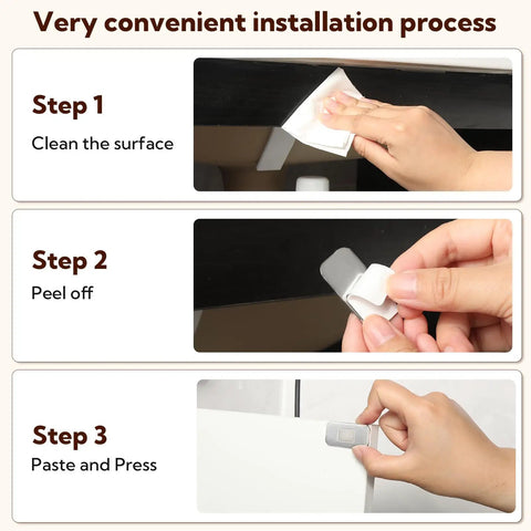 Installation steps for Ultra Thin Magnetic Cabinet Door Magnets 20 Pack With Double Sided Tape: clean, peel off, paste and press.