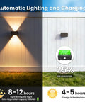 Solar Fence Lights Outdoor 6 Pack Up And Down Wall Lights Warm White Weatherproof Yard Decor Skip The Wiring Hustle With Dusk To Dawn Sensor display with automatic lighting and charging information.