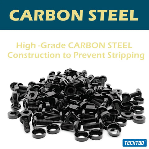 50 Pack M6 Rack Mount Cage Nuts Screws Washers With Quick Pull Installation Tool For Server Cabinets Built Tough Zinc Plated Carbon Steel Heavy Duty Setup For Network Racks And Gear, high-grade black carbon steel hardware.