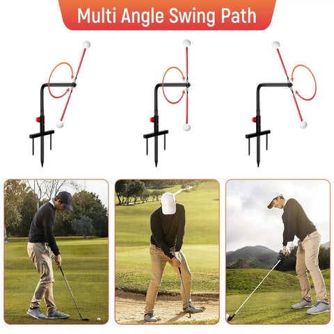 Multi angle practice with Go-To Golf Swing Trainer And Practice Aid, Heavy Duty Metal Stand, user demonstration on green field