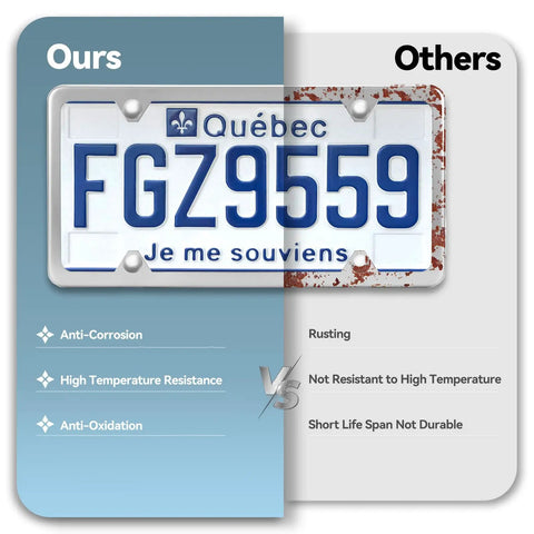 Comparison of Set Of Two Four Hole License Plate Frames In Slim Stainless Steel With A Polished Mirror Finish And Chrome Screw Caps on left versus rusting frame on right.