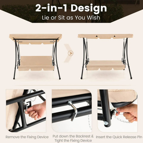 2 In 1 Convertible Porch Swing Bed With Adjustable Canopy And Removable Cushions Solid Metal Frame for backyard or deck