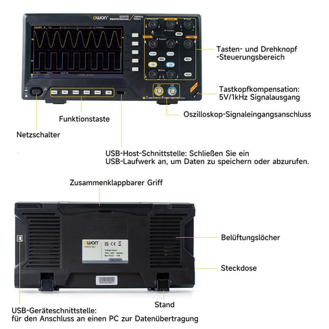 Dual Channel Digital Oscilloscope With 7 Inch TFT Screen 100MHz Bandwidth And 1GSps Sampling Rate Portable Pro Kit for Real Time Signal Debugging SDS210 showing front and back view with labeled controls and ports.