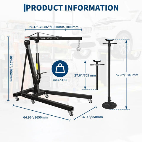 Heavy Duty Folding Hydraulic Engine Hoist And Underhoist Support Stand Combo Two Ton Adjustable Boom specifications diagram.