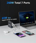 GaN 260W USB C Charger Station With 7 Ports 5 USB C And 2 USB A Fast Charging Dock for MacBook Pro Air iPad Pro iPhone on desk