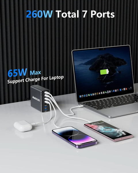 GaN 260W USB C Charger Station With 7 Ports 5 USB C And 2 USB A Fast Charging Dock for MacBook Pro Air iPad Pro iPhone on desk