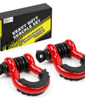 Beefed Up Heavy Duty D Ring Shackle Three Quarters Inch For Jeep And Truck Towing And Off Road Recovery, Drop Forged Steel, 45,000 Lb Breaking Strength, 4.75 Ton Tow Capacity, Screw Pin, Built For Trail Recovery And Heavy Duty Pulls. Two red 3/4-inch D-ring shackles with box
