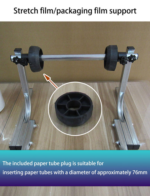 Heavy Duty All Metal Roll Holder Dispenser For Bubble Wrap Stretch Film And Foam Commercial Packing Stand showing metal support with rubber tube plug.