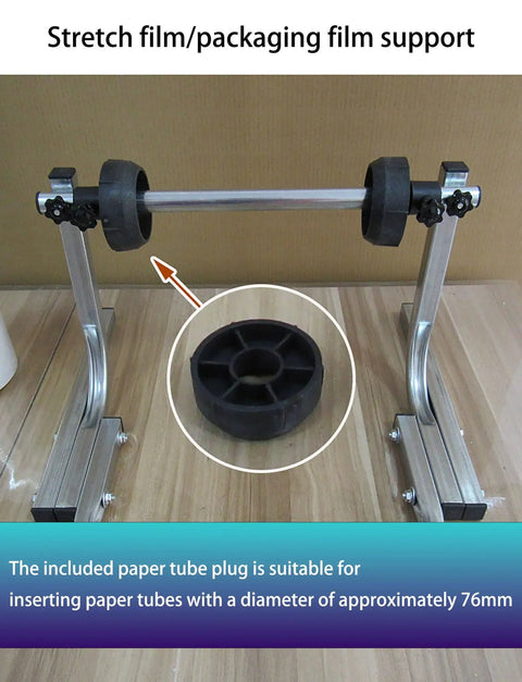 Heavy Duty All Metal Roll Holder And Dispenser For Bubble Wrap And Stretch Film With Weighted Stable Base For Commercial Packing Tasks, showing a packaging film support with adjustable rollers.