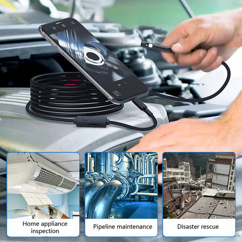 7.9mm Industrial Borescope with LED Lights for inspecting engine bay and dual lens display on smartphone screen