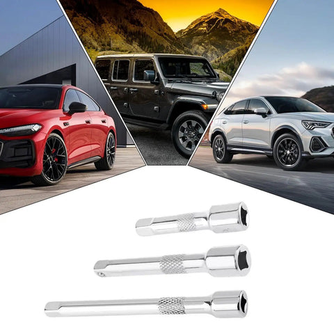 Offset Swivel Ratchet Extension Bar Set With Chromium Vanadium Steel Construction displayed with cars in the background.