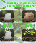 Eco-friendly honeycomb packing paper biodegrading over 120 days beside a sprouting plant against an environmental backdrop.