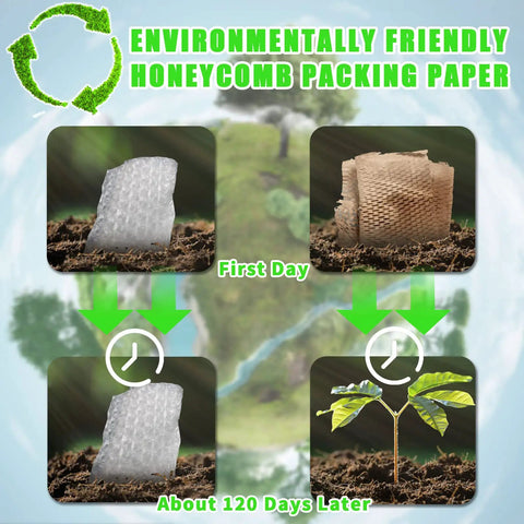 Eco-friendly honeycomb packing paper biodegrading over 120 days beside a sprouting plant against an environmental backdrop.
