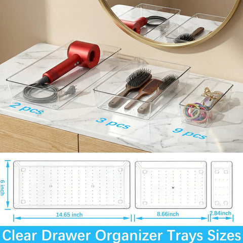 14 Pcs Clear Plastic Drawer Organizer Set With Two Extra Large 15X6 Trays, showing modular trays storing hairdryer, brushes, and clips