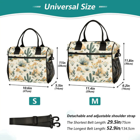 Desert Plants Cacti Cowboy Insulated Lunch Bag With Adjustable Shoulder Strap in small and large sizes with dimensions.