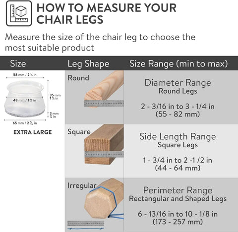 Diagram showing size guide for Clear Chair Leg Floor Protectors Set of 8 With Soft Silicone Pads and Felt Bottom for furniture legs.