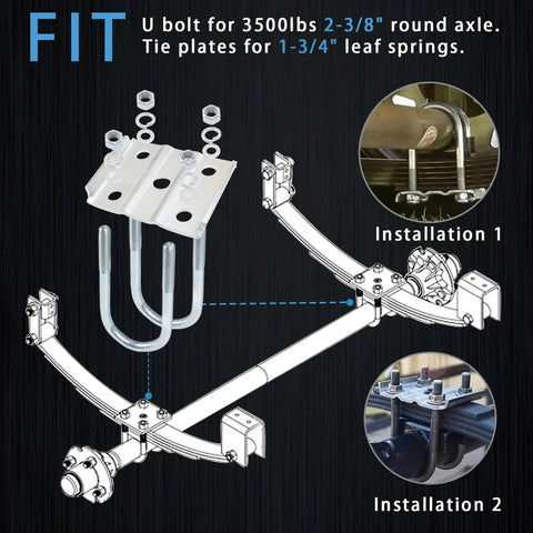Diagram of Heavy Duty Trailer U Bolt Kit For 3500 Lbs Axles, showing U bolts, tie plates, installation visuals on leaf springs.