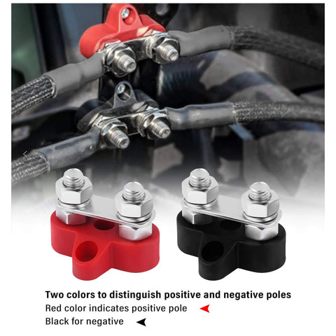 2 Pack Battery Terminal Distribution Block With M8 Dual Studs Bus Bar Terminal Block For Top Post Battery Terminals Negative And Positive 12V Power Distribution Block displayed in red and black with cables attached, showing color distinction for positive and negative poles.