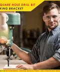 Straight Shooting Square Hole Drill Bit Adapter Mortising Attachment for Drill Press in use, showcasing heavy duty steel bracket and precision design.