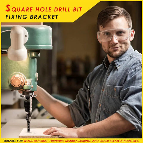 Straight Shooting Square Hole Drill Bit Adapter Mortising Attachment for Drill Press in use, showcasing heavy duty steel bracket and precision design.