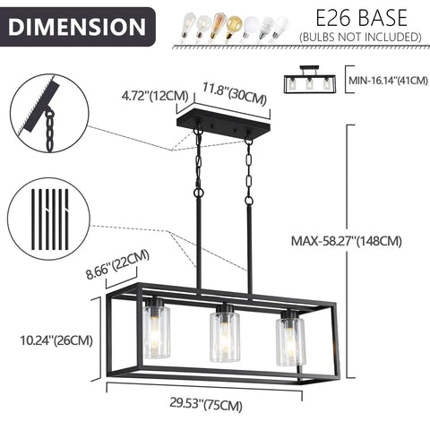 6 Light Dining Room Fixture In Black Modern Farmhouse Industrial Chandelier Rectangular Pendant with dimensions.