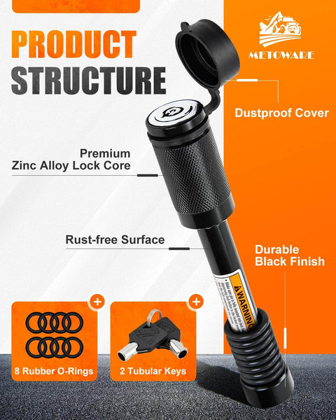 Push To Lock Trailer Hitch Lock For 2 Inch And 2.5 Inch Receiver 5/8 Inch Pin Anti Theft With O Rings Keyless Security Black