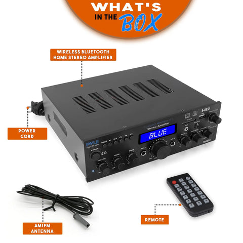 Wireless Bluetooth Home Stereo Amplifier With 200W Power Multi Channel Receiver System For Home Theater HDMI Optical Coaxial Phono USB SD AUX RCA Mic FM Radio Remote Karaoke Ready 10 Inputs with power cord, remote, and antenna shown.